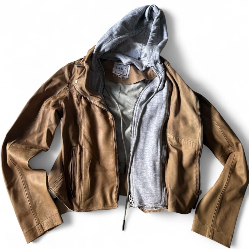 Brown Leather Jacket with Gray Hoodie